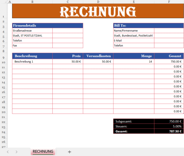 Excel-Rechnung mit Steuerberechnung und Versandkosten, inklusive Firmen- und Kundendaten sowie automatischer Gesamtsumme
