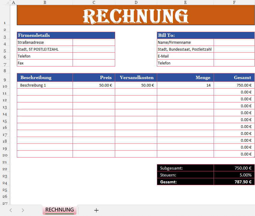 Excel-Rechnung mit Steuerberechnung und Versandkosten, inklusive Firmen- und Kundendaten sowie automatischer Gesamtsumme