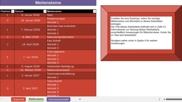 Roadmap-Excel mit Meilensteinen zur Planung und Aktualisierung der Scrollfunktion