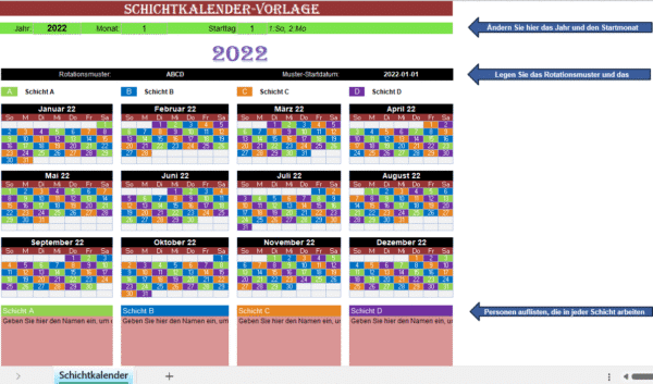 Schichtkalender-Vorlage in Excel mit farbcodierten Schichten A, B, C und D für das Jahr 2022
