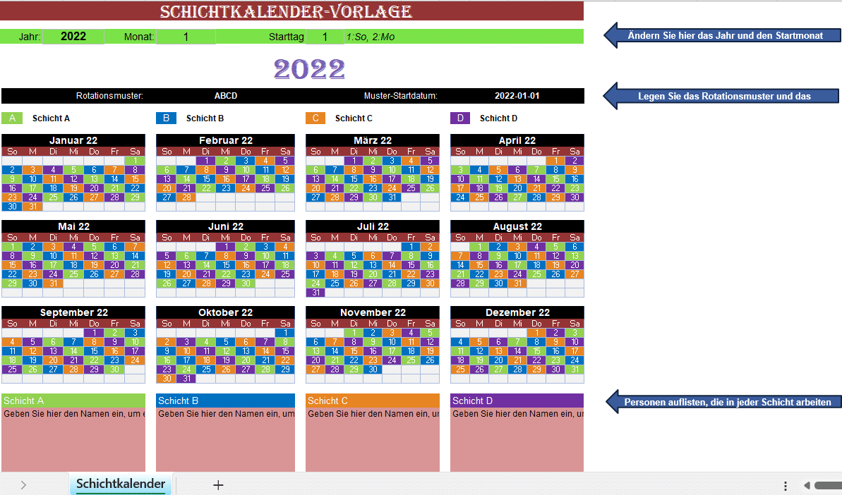 Schichtkalender-Vorlage in Excel mit farbcodierten Schichten A, B, C und D für das Jahr 2022