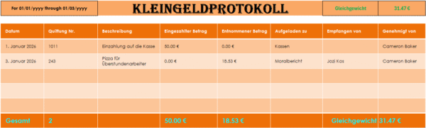 Kleingeldkassenprotokoll in Excel zur Verwaltung der Barkasse