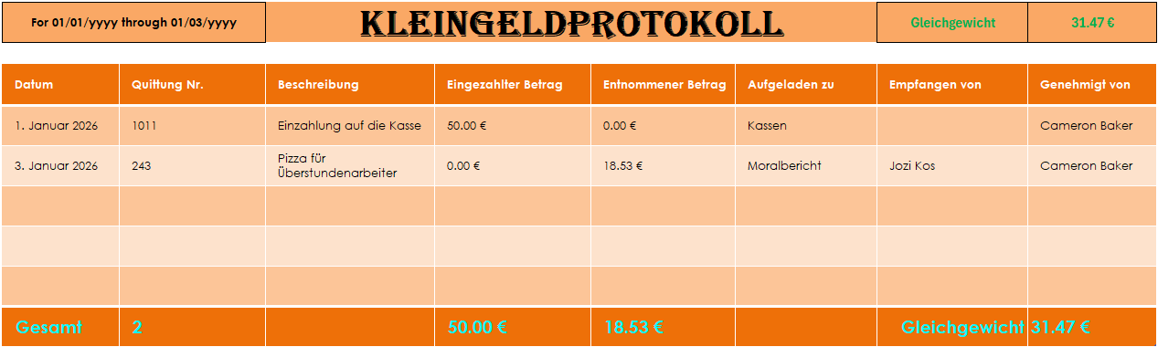 Kleingeldkassenprotokoll in Excel zur Verwaltung der Barkasse