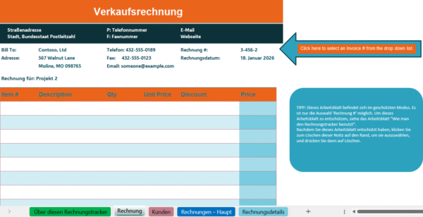 Verkaufsrechnungs-Tracker in Excel mit Rechnungsdetails, Kundeninformationen und automatischer Auswahl der Rechnungsnummer