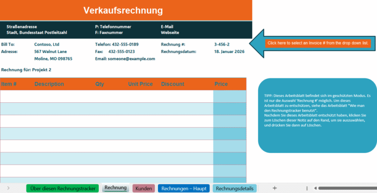 Verkaufsrechnungs-Tracker in Excel mit Rechnungsdetails, Kundeninformationen und automatischer Auswahl der Rechnungsnummer