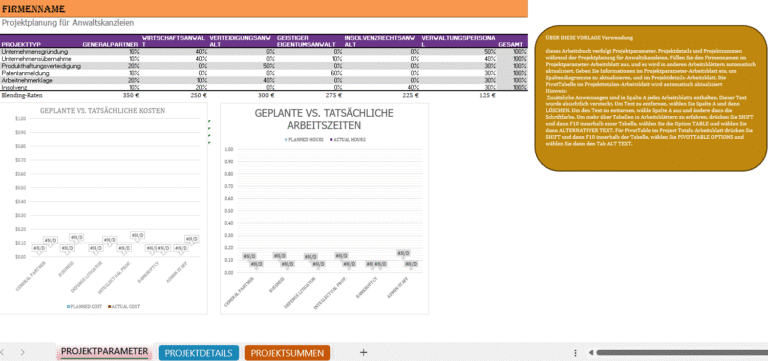 Projektplan Excel für Anwaltskanzleien mit Projektparametern, Rollenverteilung, geplanten und tatsächlichen Kosten sowie Arbeitszeiten